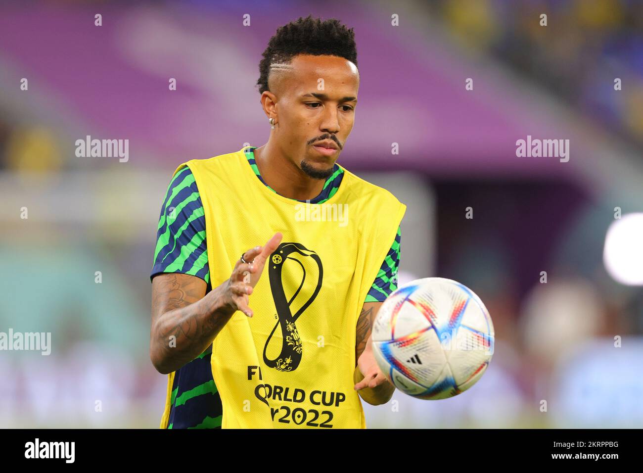 Doha, Qatar. 28th Nov, 2022. Eder Militao of Brazil warms up during the FIFA World Cup Qatar 2022 Group G match between Brazil and Switzerland at Stadium 974, Doha, Qatar on 28 November 2022. Photo by Peter Dovgan. Editorial use only, license required for commercial use. No use in betting, games or a single club/league/player publications. Credit: UK Sports Pics Ltd/Alamy Live News Stock Photo