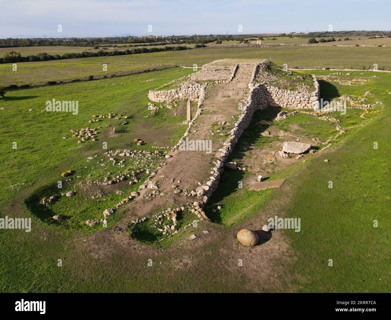 Drone view at the Monte d'Accoddi pre-nuragic altar on Sardinia in Italy Stock Photo