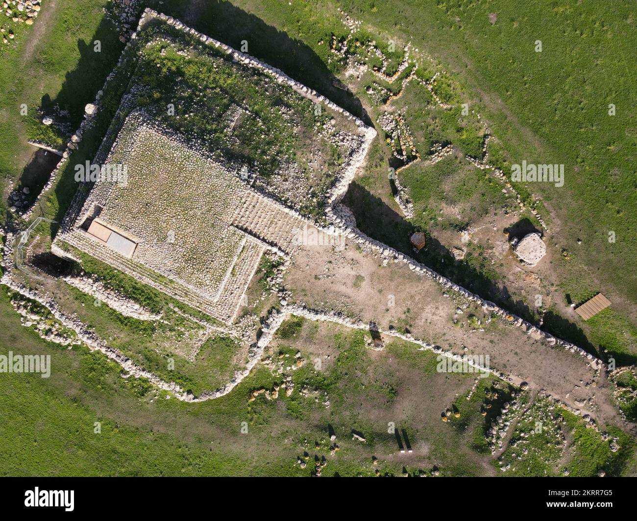 Drone view at the Monte d'Accoddi pre-nuragic altar on Sardinia in Italy Stock Photo