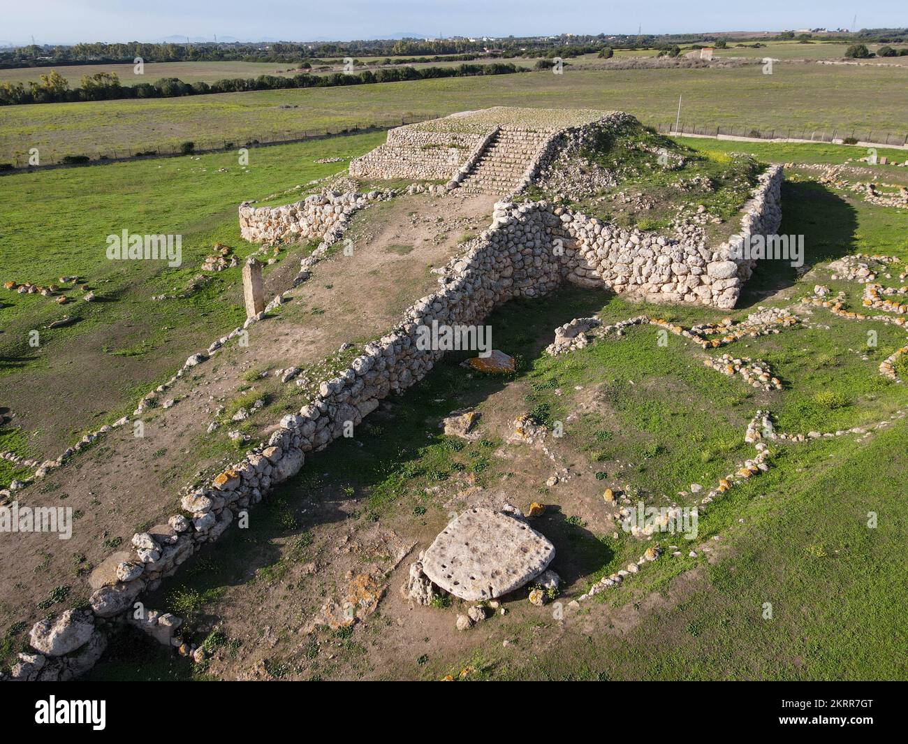 Drone view at the Monte d'Accoddi pre-nuragic altar on Sardinia in Italy Stock Photo