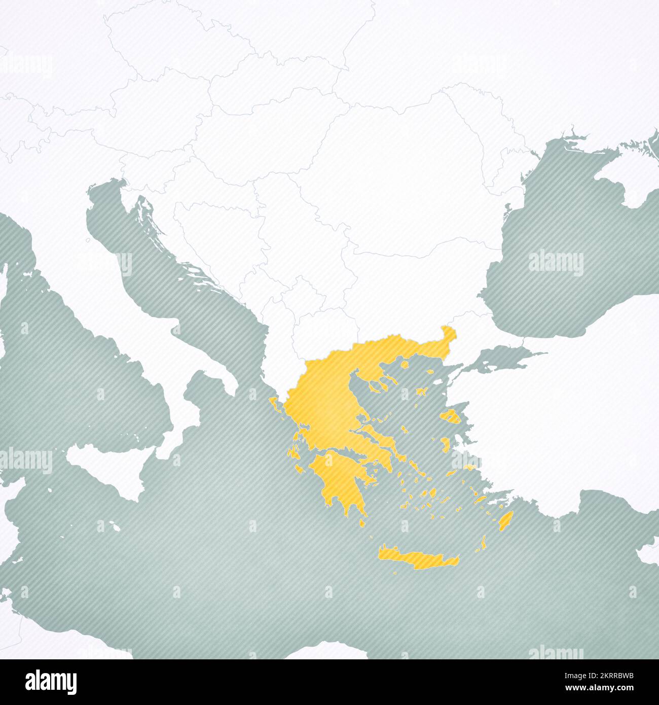 Greece on the map of Balkans with softly striped vintage background. Stock Photo