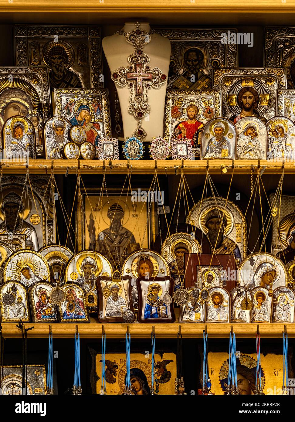 Orthodox and religious souvenirs on sale in shop in Corfu Old Town