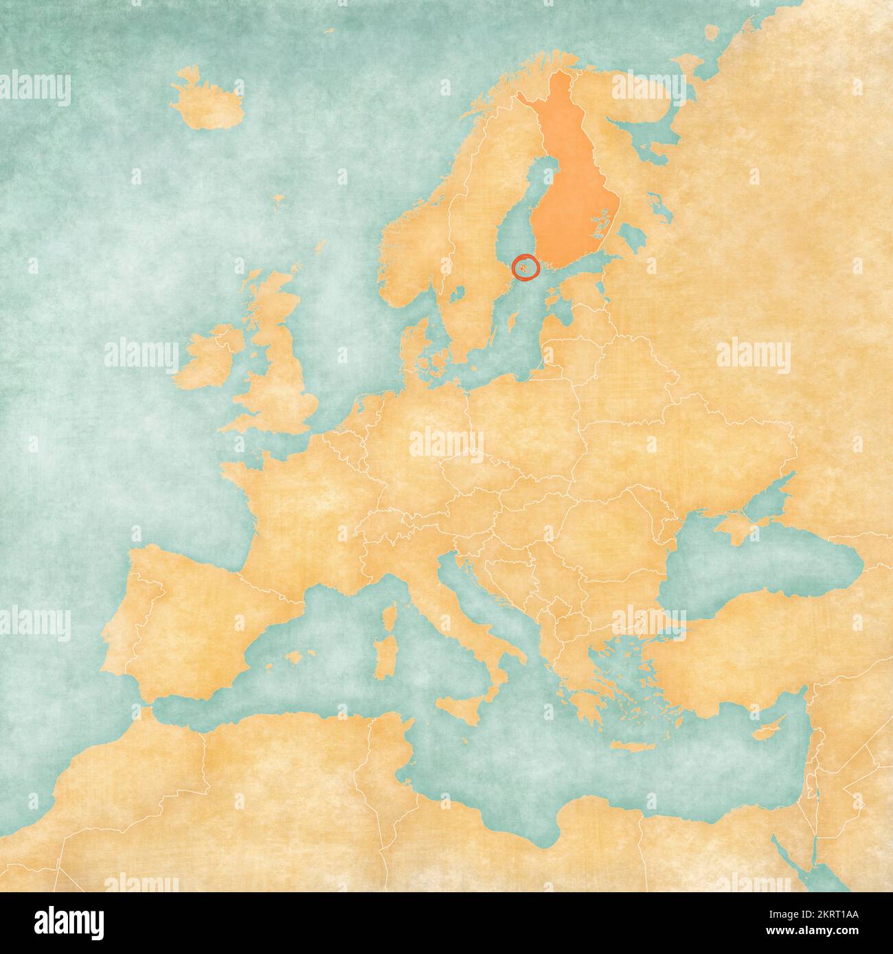 Aland Islands with Finland on the map of Europe in soft grunge and vintage style, like old paper with watercolor painting. Stock Photo