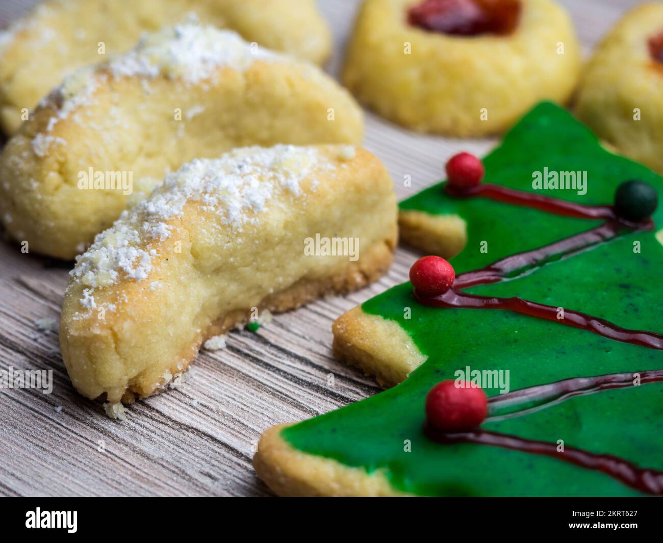 freshly baked Christmas tree cookies Stock Photo