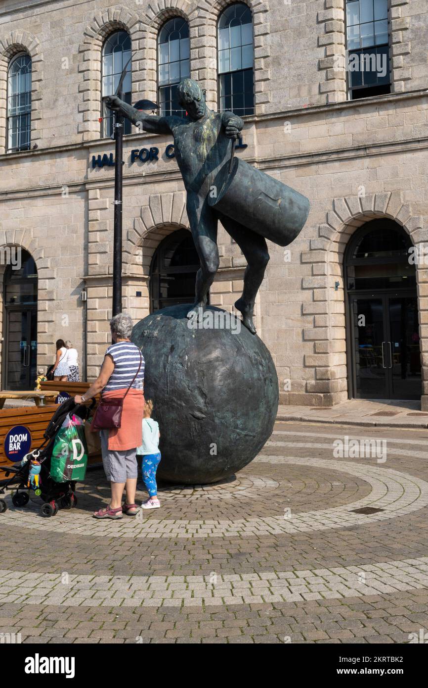 The controversial statue The Drummer created by artist Tim Shaw in Lemon Quay in Truro City centre in Cornwall in the UK in Europe. Stock Photo