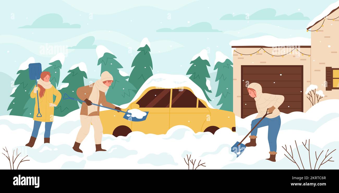 Snow removal in winter snowstorm and cold weather vector illustration. Cartoon people with shovels cleaning car covered with snow in snowy yard near garage, stuck automobile buried with snowdrift Stock Vector