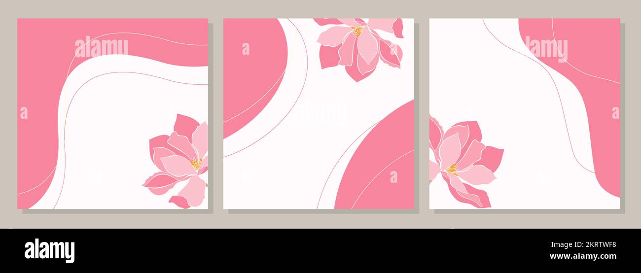 Template Social media set pink with flower magnolia, layout stories, banner, wedding, brochure, card. Vector illustration Stock Vector