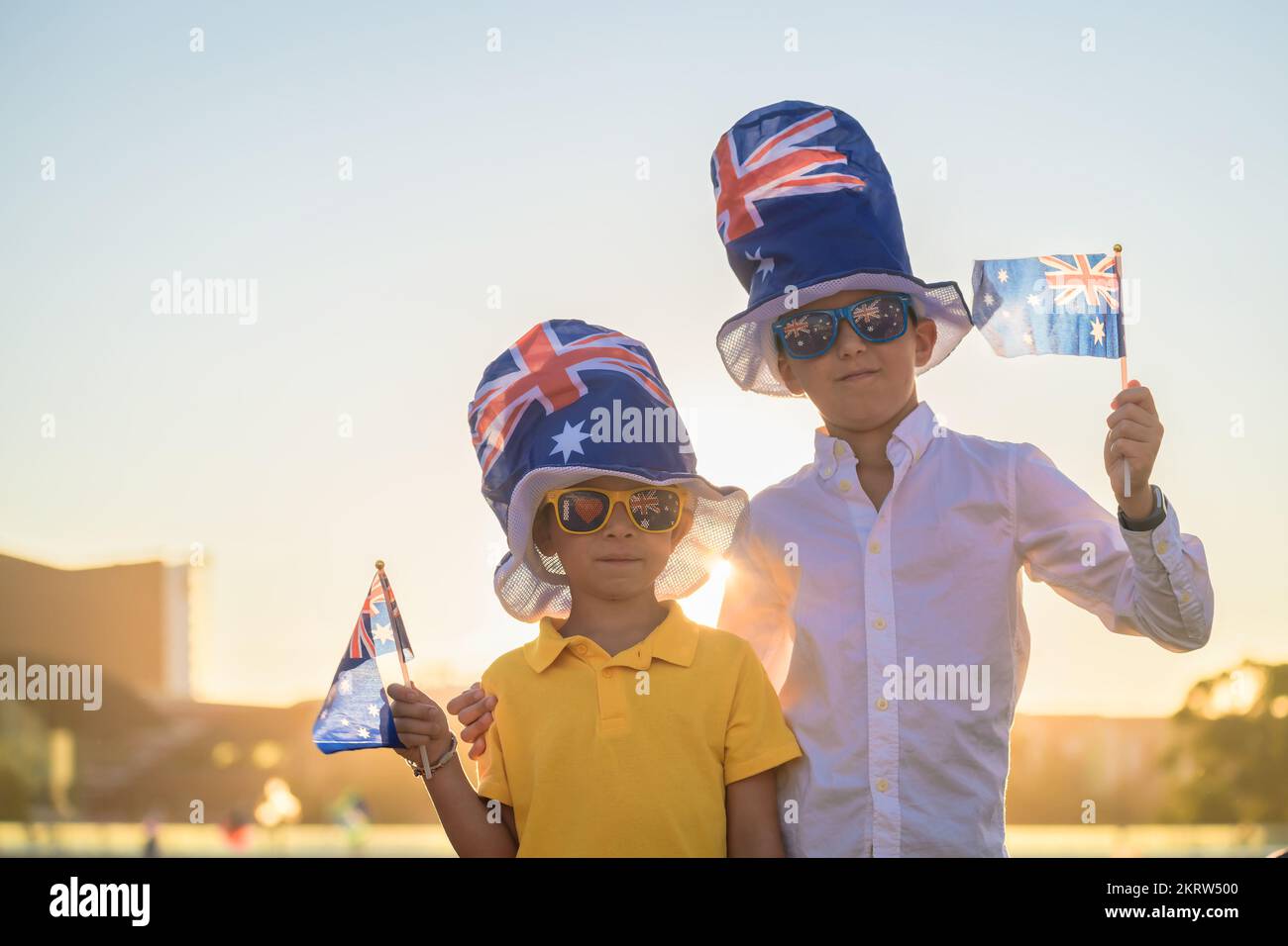 Two Australian kids celebrating Australia Day in Adelaide city Stock Photo