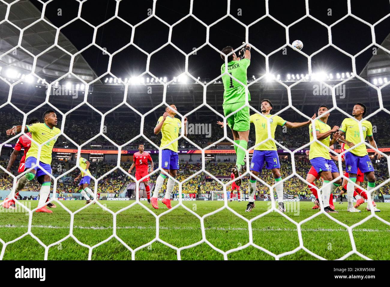 Doha, Qatar. 29th Nov, 2022. Alisson Becker of Brazil makes a save during the FIFA World Cup Qatar 2022 Group G match between Brazil and Switzerland at Stadium 974, Doha, Qatar on 28 November 2022. Photo by Peter Dovgan. Editorial use only, license required for commercial use. No use in betting, games or a single club/league/player publications. Credit: UK Sports Pics Ltd/Alamy Live News Stock Photo
