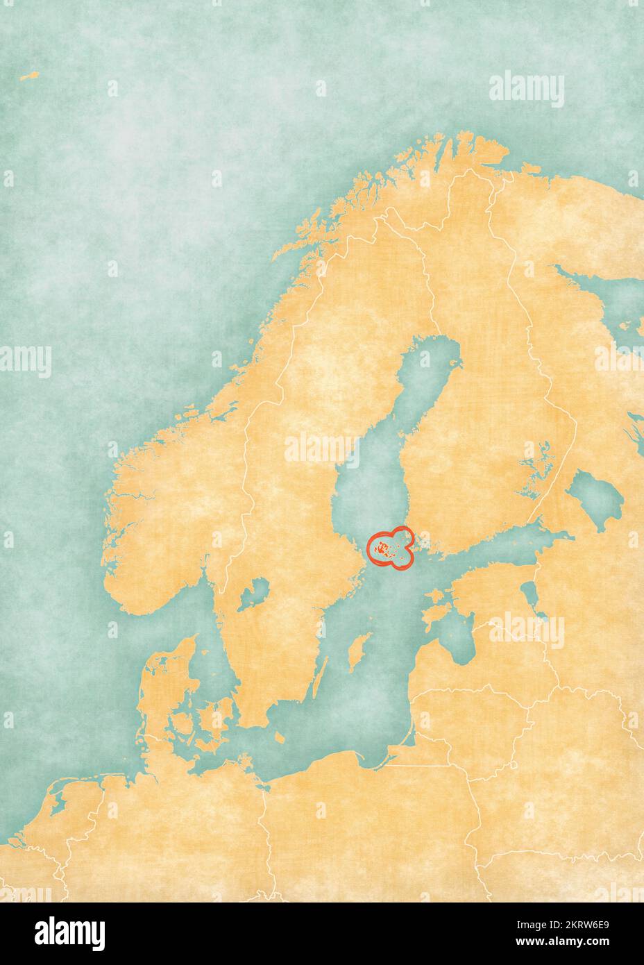 Aland Islands on the map of Scandinavia in soft grunge and vintage style, like old paper with watercolor painting. Stock Photo