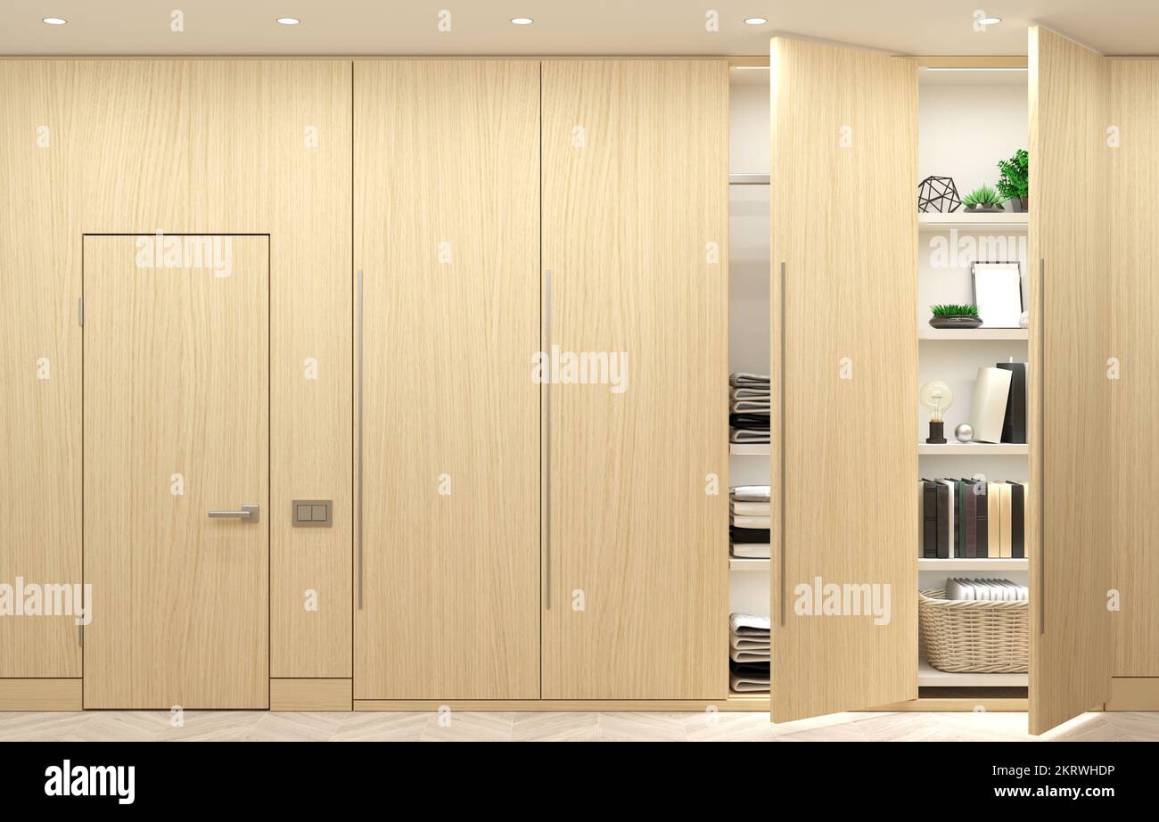 Modern wooden wardrobe and minimalist doors furniture Stock Photo Alamy