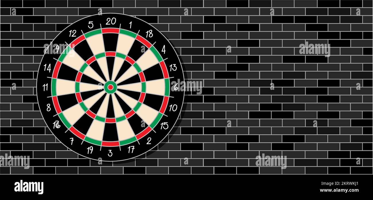 Drawing cartoon dart board on brick wall. Dartboard icon. Game board