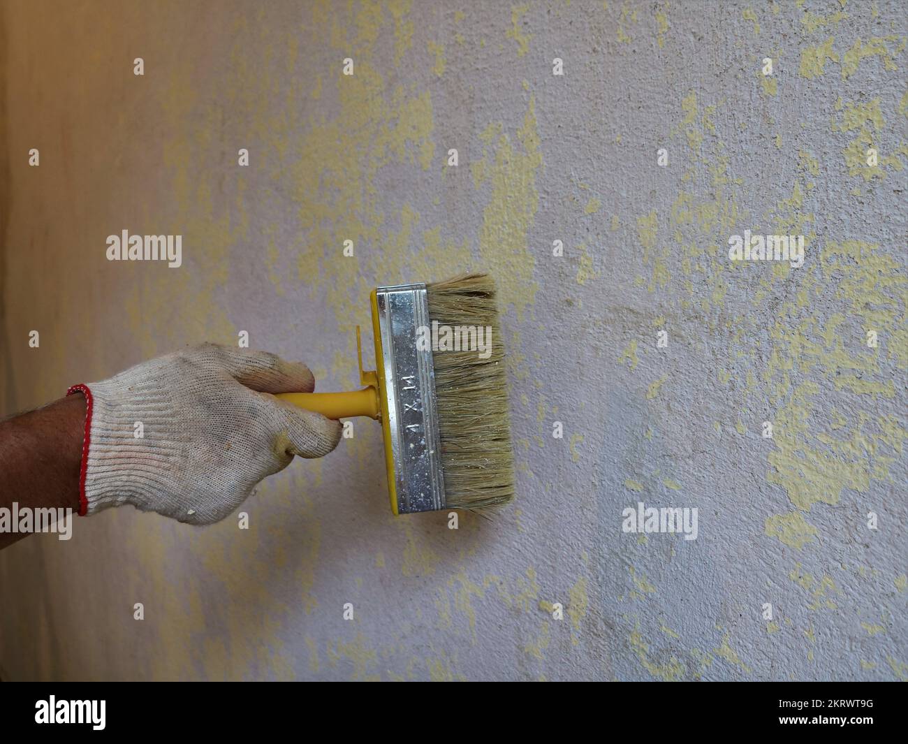 a gloved hand with a wide brush next to the repaired wall in the