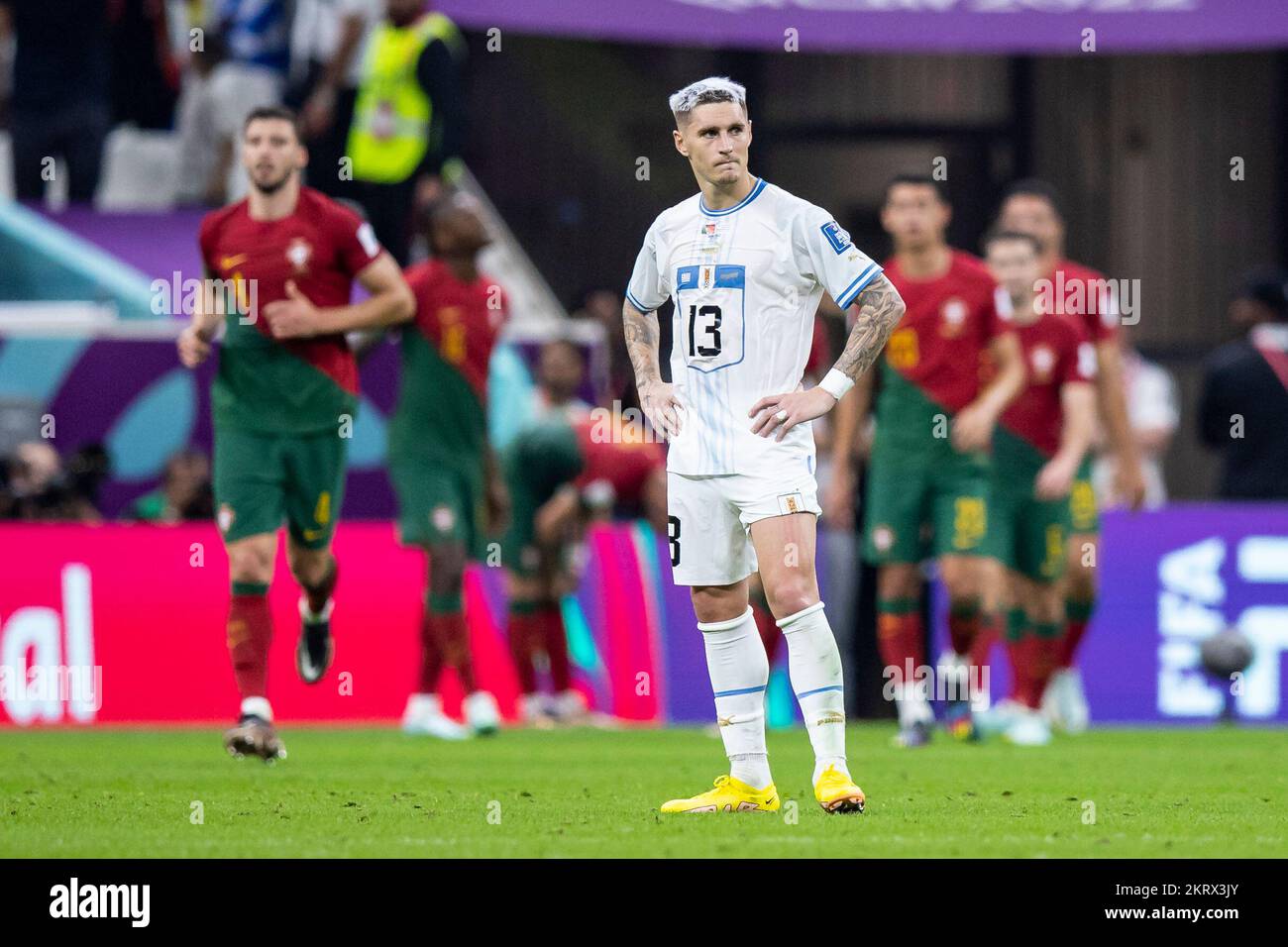 Lusail, Qatar. 28th Nov, 2022. Soccer: World Cup, Portugal - Uruguay, Preliminary round, Group H, Matchday 2, Lusail Iconic Stadium, Uruguay's Guillermo Varela reacts unhappily after scoring the goal to make it 2:0. Credit: Tom Weller/dpa/Alamy Live News Stock Photo