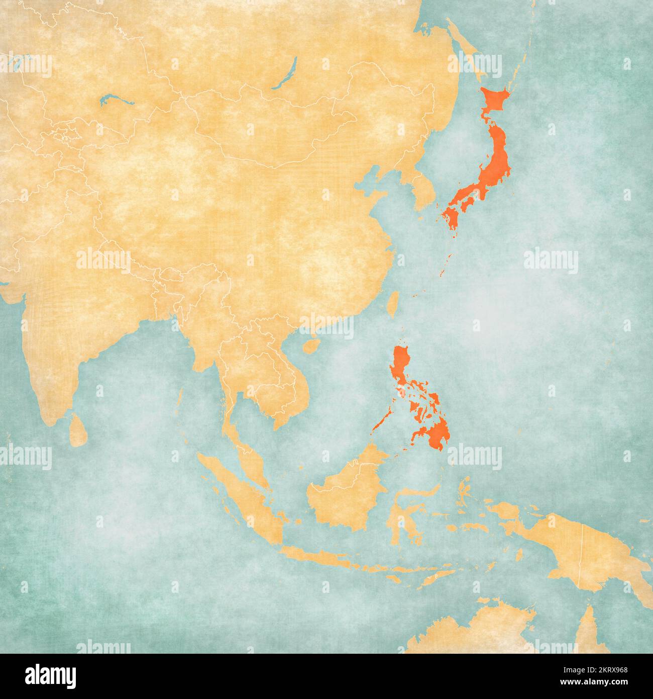 Japan and Philippines on the map of East and Southeast Asia in soft grunge and vintage style, like old paper with watercolor painting. Stock Photo