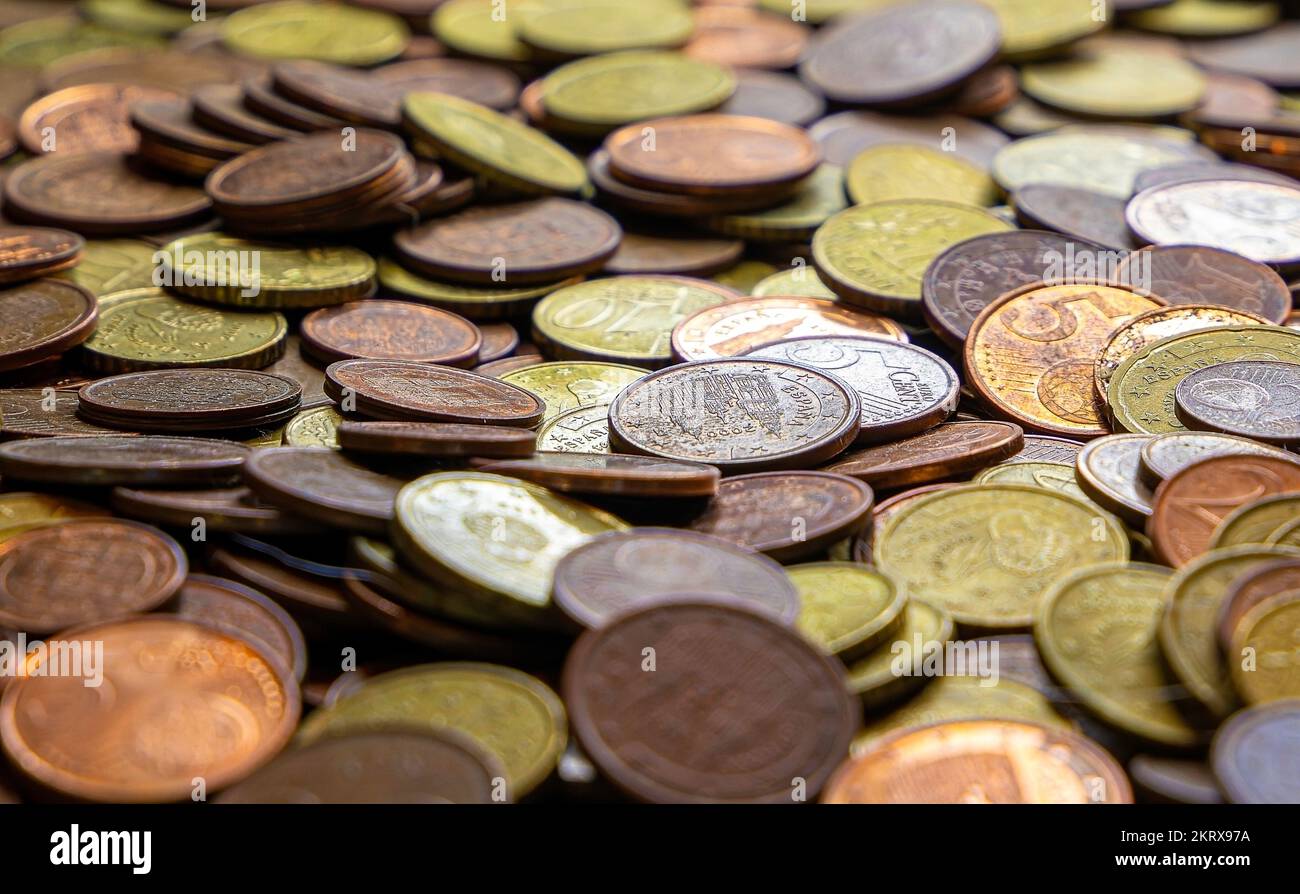 Close up of various old and used euro cent coins. Selective focus Stock Photo