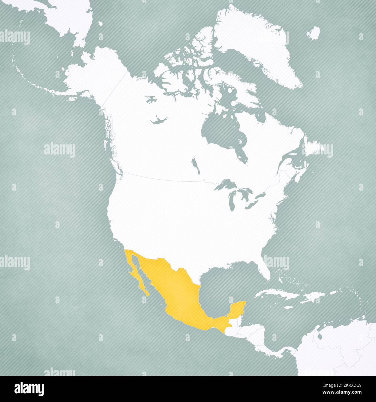 Mexico on the map of North America with softly striped vintage ...