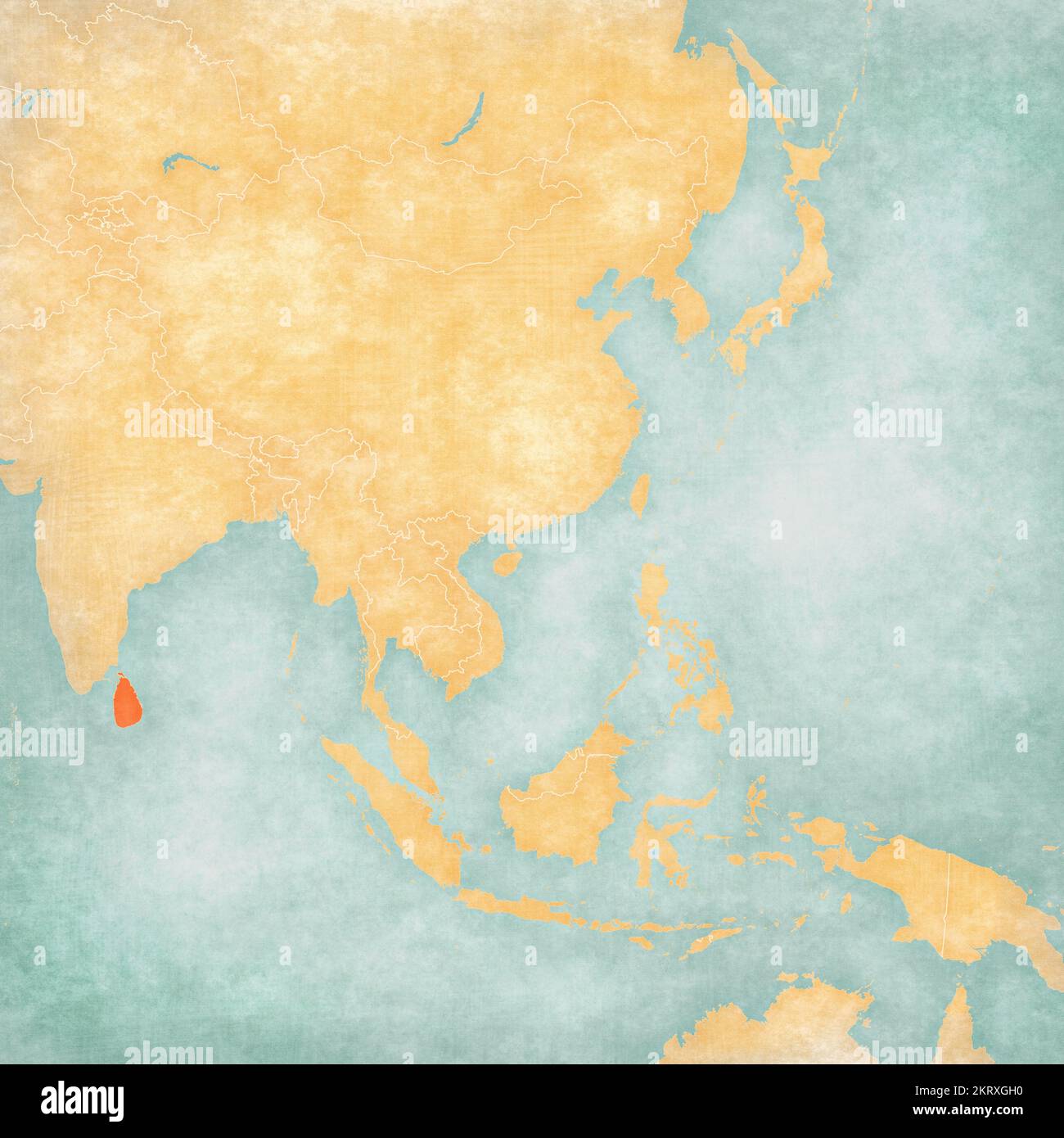 Sri Lanka on the map of East and Southeast Asia in soft grunge and