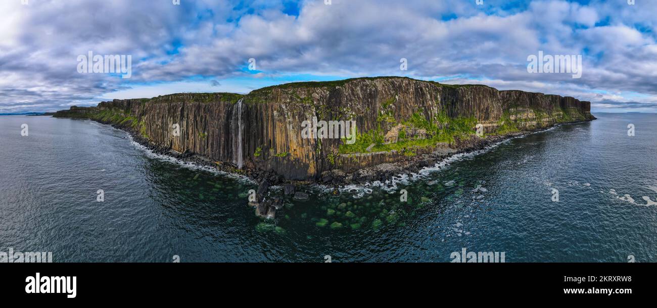 Aerial panoramic view of Kilt Rock & Mealt Falls on the coast of the isle of Skye in Scotland Stock Photo