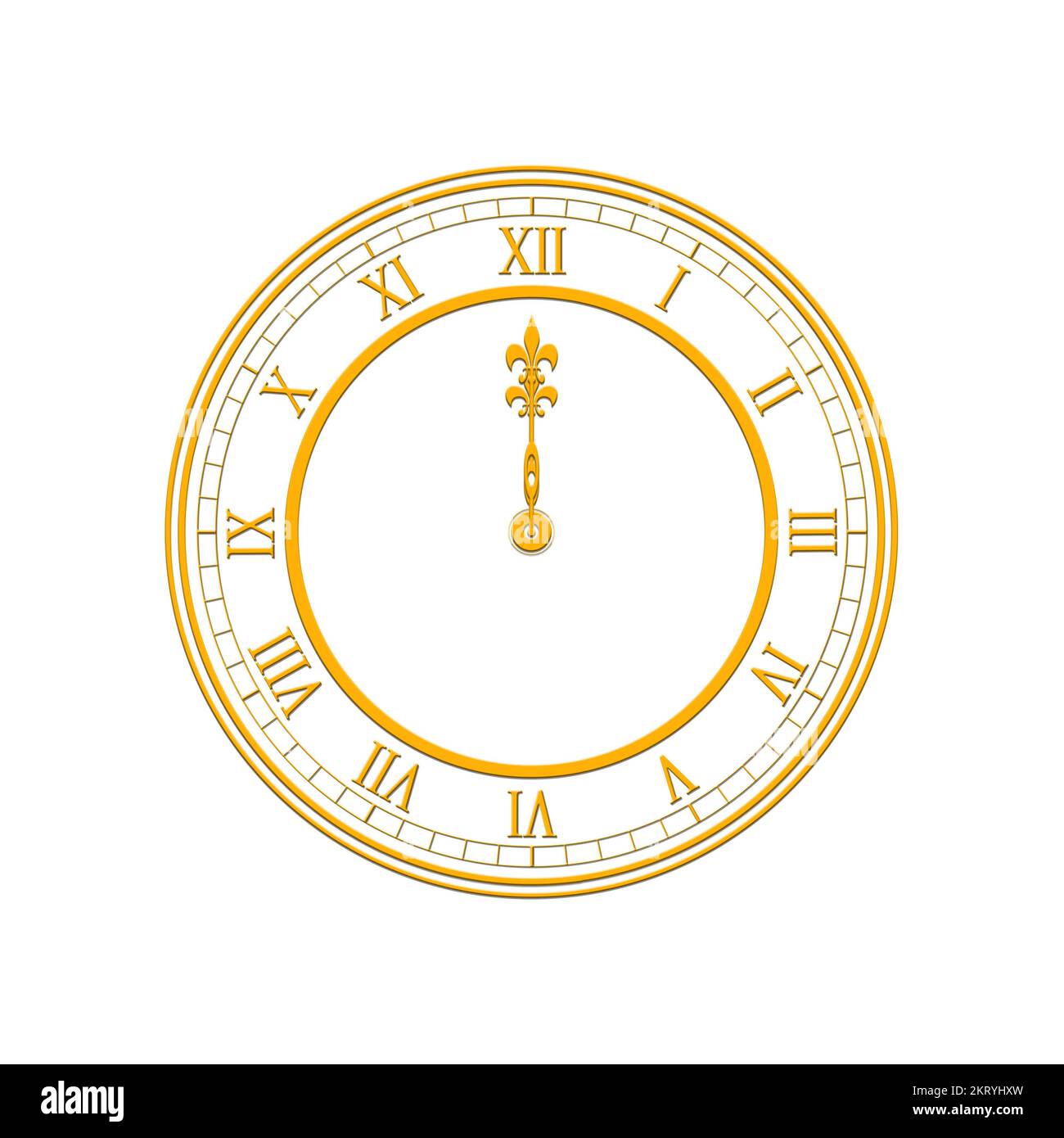 Golden Clock striking twelve on white background illustration Stock