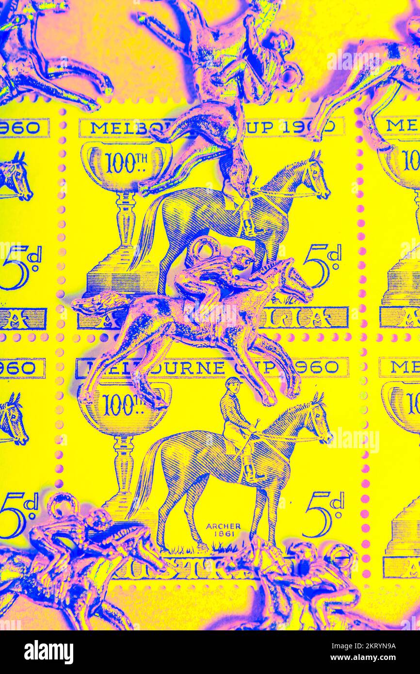 Retro pop art photo on a batch of racehorse charms and postage