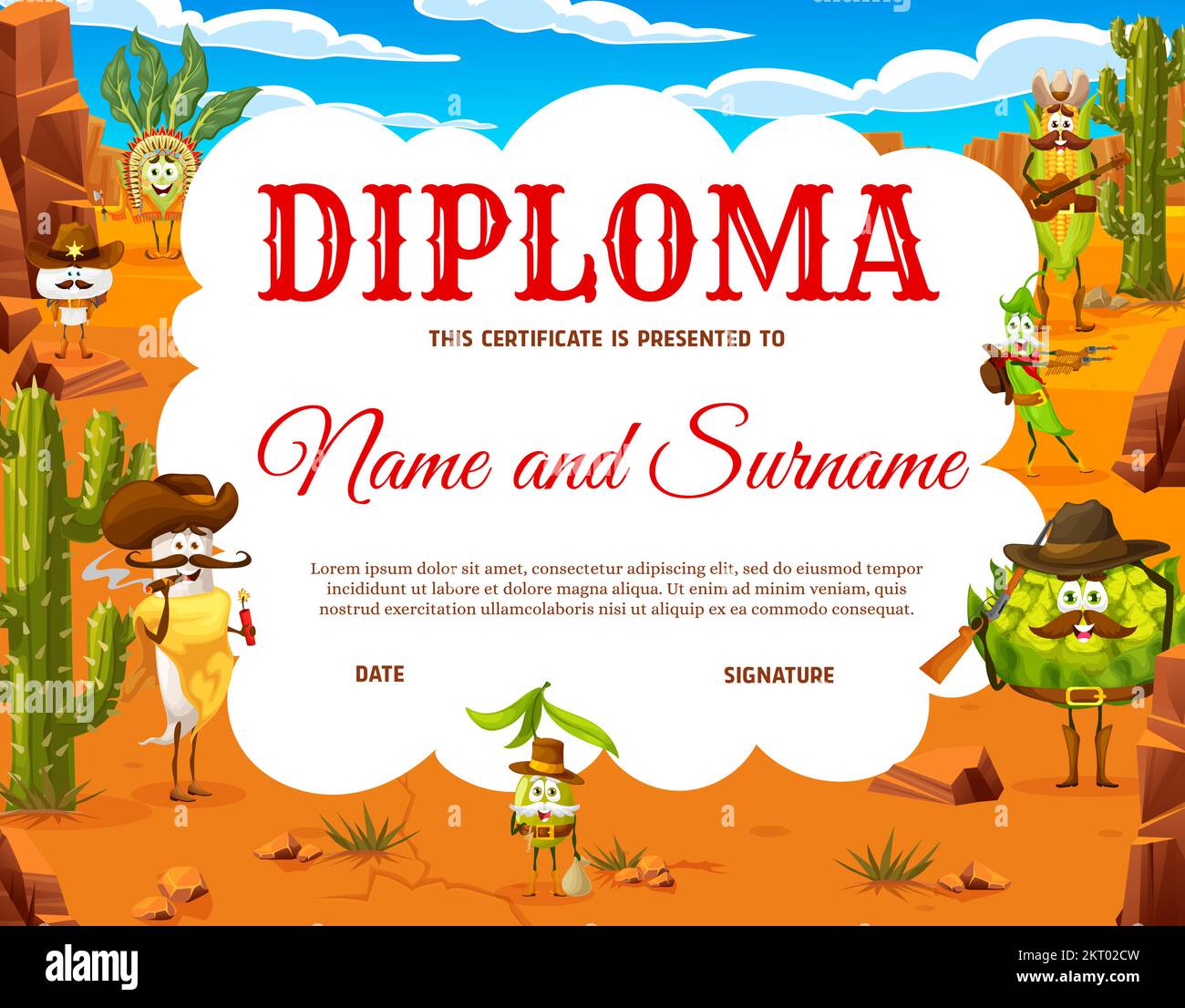 Kids diploma of cartoon cowboy, indian, sheriff and bandit vegetable characters. Vector certificate award with Western veggie personages, Wild West diploma, cute bean, corn, radish with hats and guns Stock Vector