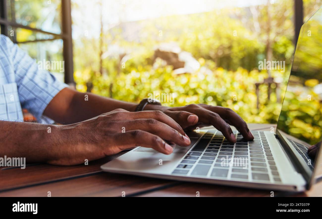 businessman sitting on desk work from home using laptop computer Stock Photo