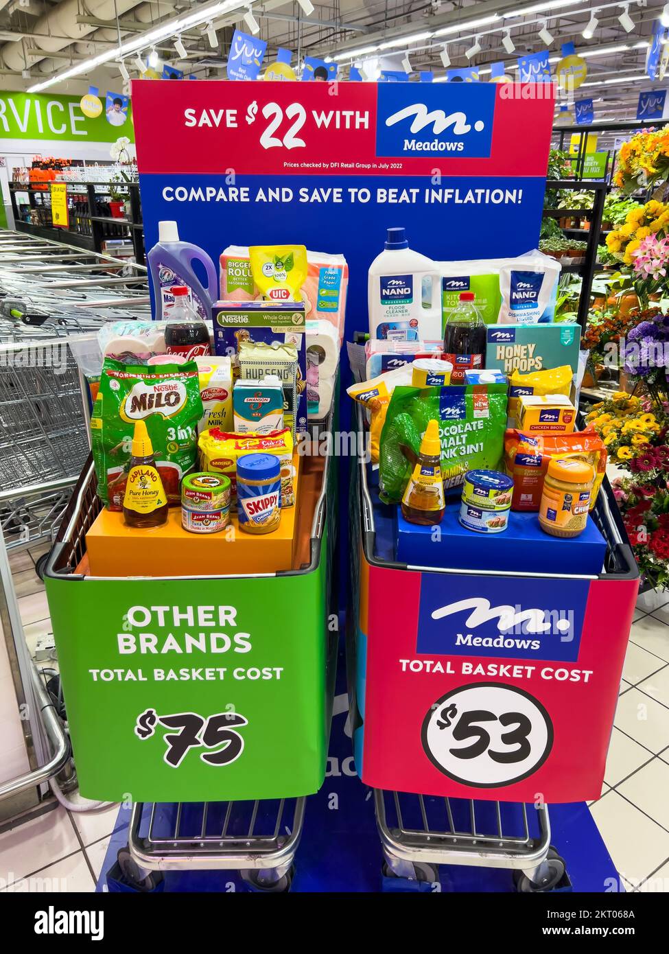 Price comparison of supermarket product items. Same product but different brand with different price.This allows buyer to shop smart. Stock Photo