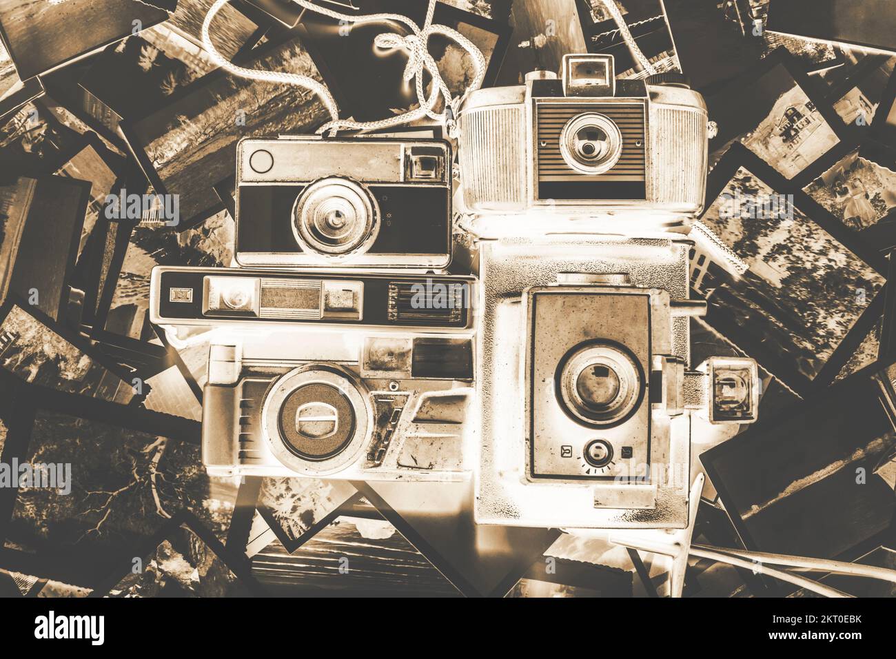 Negative stylised photography on a batch of retro cameras and old