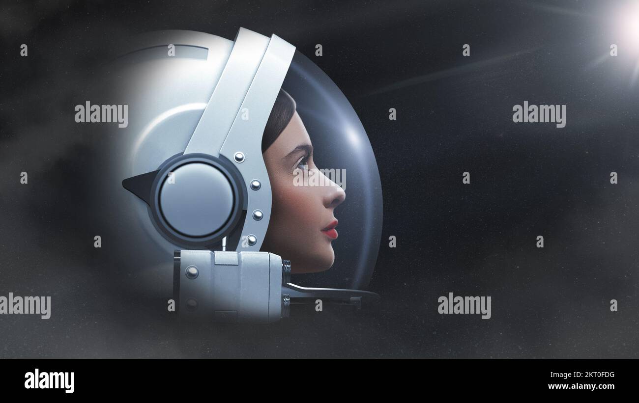 Woman cosmonaut in outer space. Exploration theme. Mixed media. Stock Photo