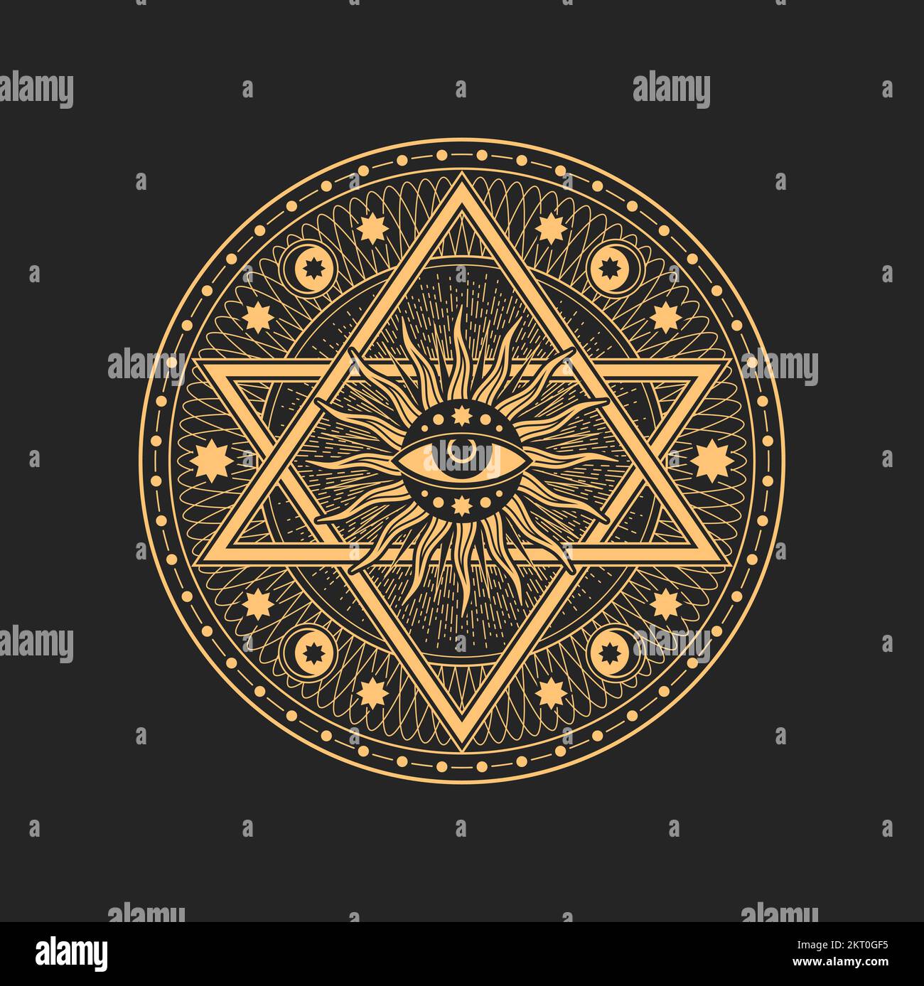 Pentagram with magic eye, satanic star in sun rays circle. Vector sun