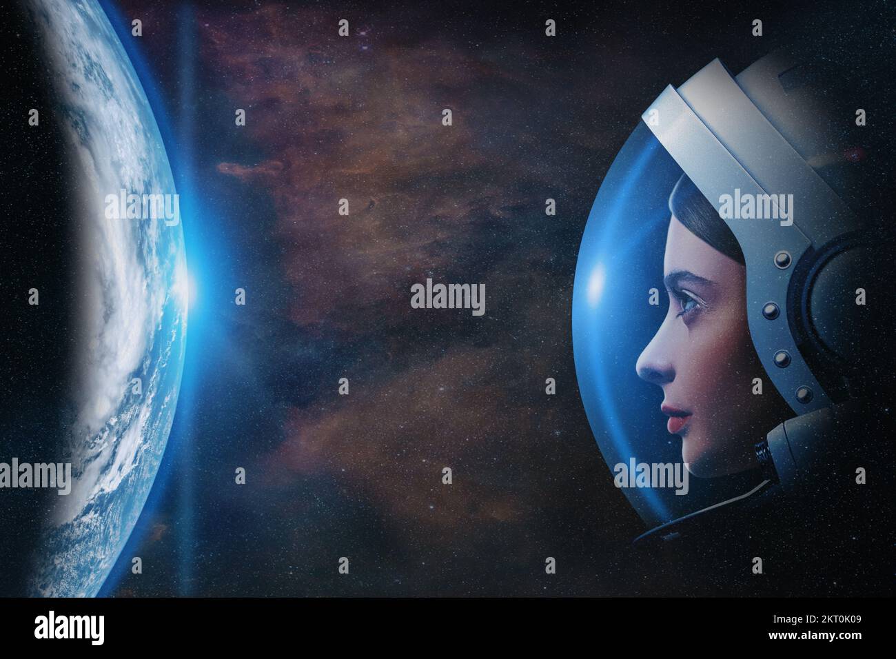 Attractive woman astronaut against Earth planet in outer space. Elements of this image furnished by NASA. Stock Photo