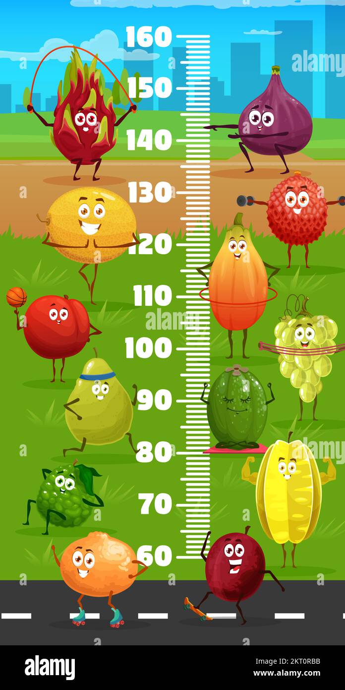 Kids height chart with cartoon fruits characters on fitness. Children