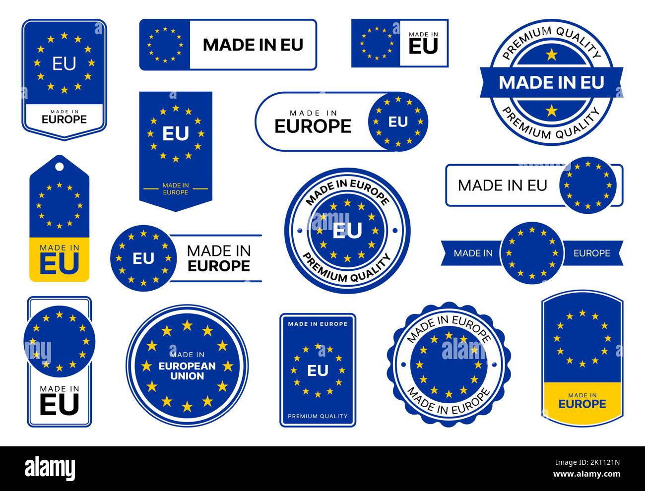 Made in EU. Europe quality icons, labels with flag. Product warranty