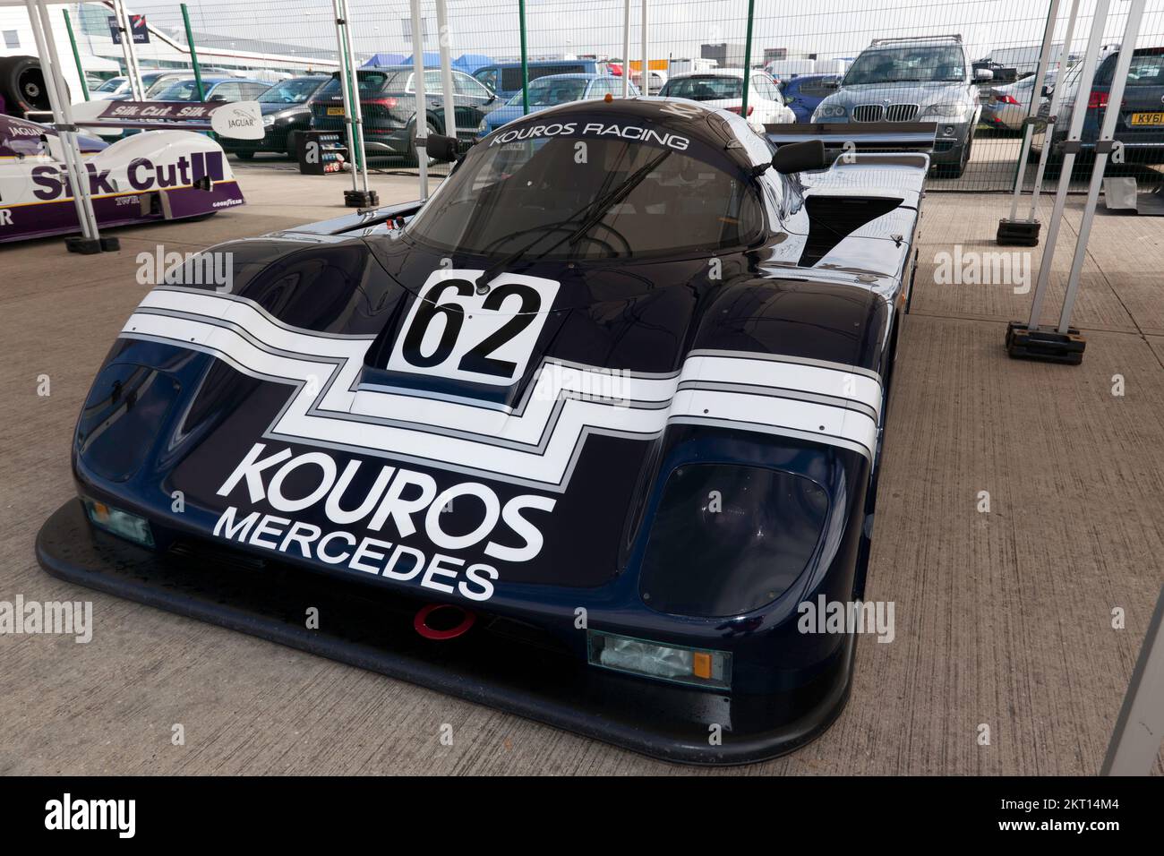 Three-quarter front view of a 1986, Sauber C8, on display at the 2022 Silverstone Classic Stock Photo