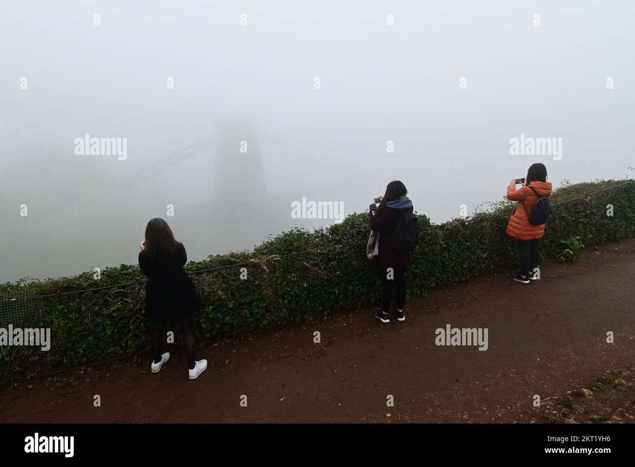 Clifton Suspension Bridge seen covered in Thick Fog . Stock Photo
