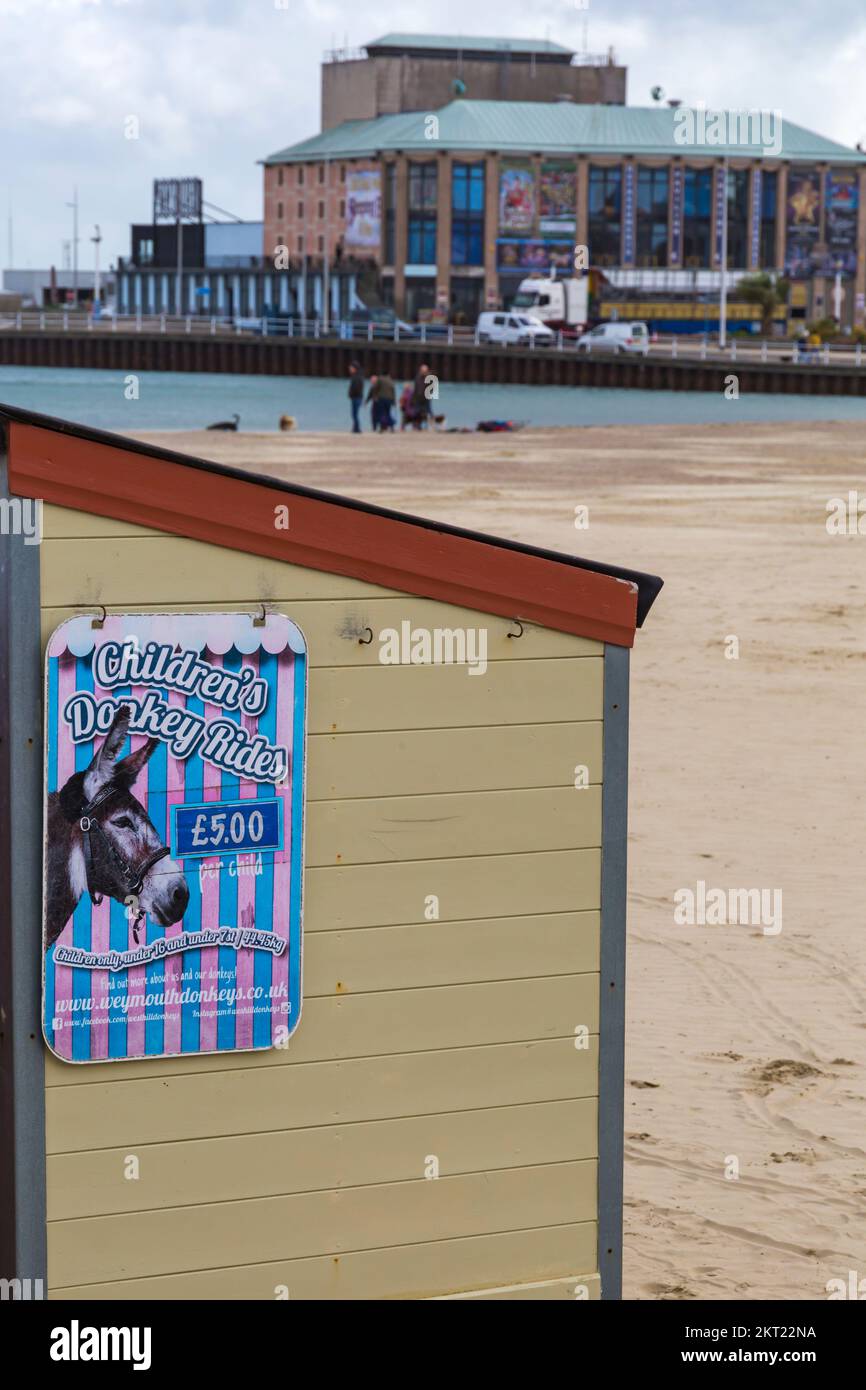 Childrens Donkey Rides £5.00 per child sign on the beach with Weymouth Pavilion in the distance at Weymouth, Dorset UK in October Stock Photo