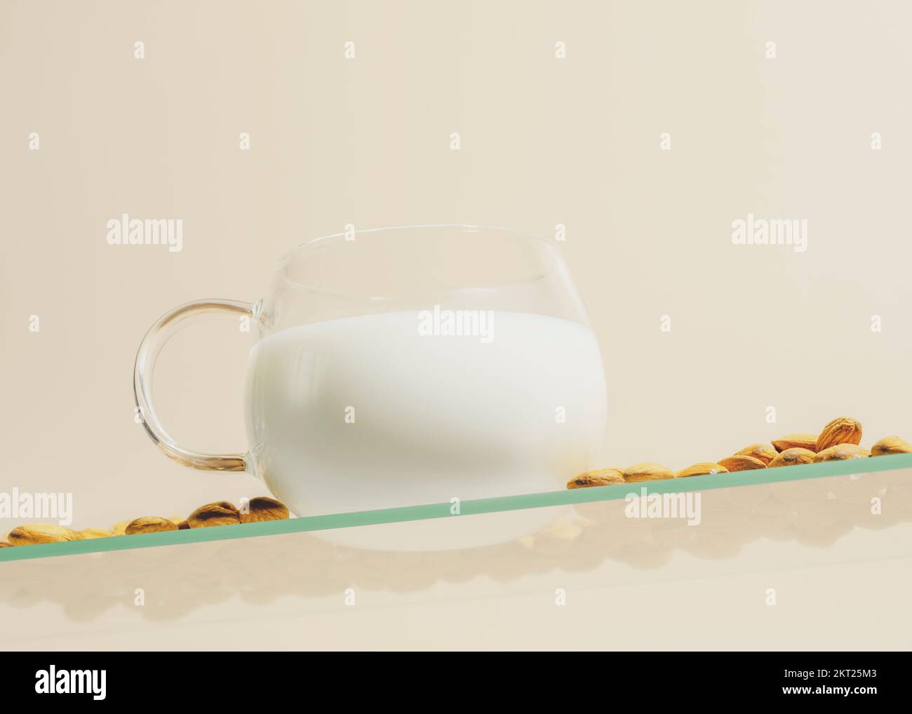 Dairy free, non lactose, almond milk. Vegan, eco friendly, food composition with glass cup of