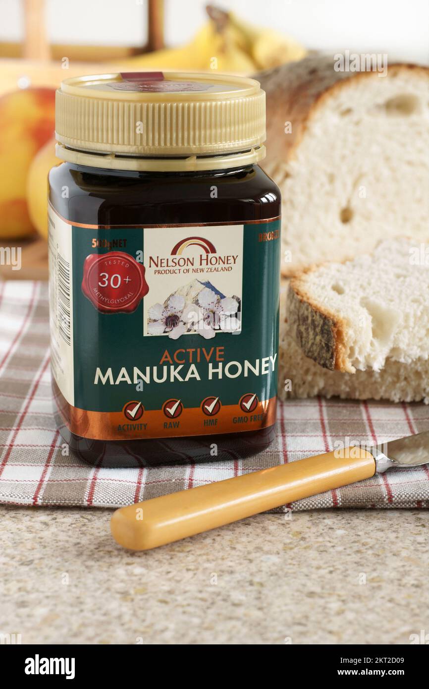 Nelson Manuka Honey a monofloral honey produced in New Zealand from the nectar of the manuka or tea tree Stock Photo