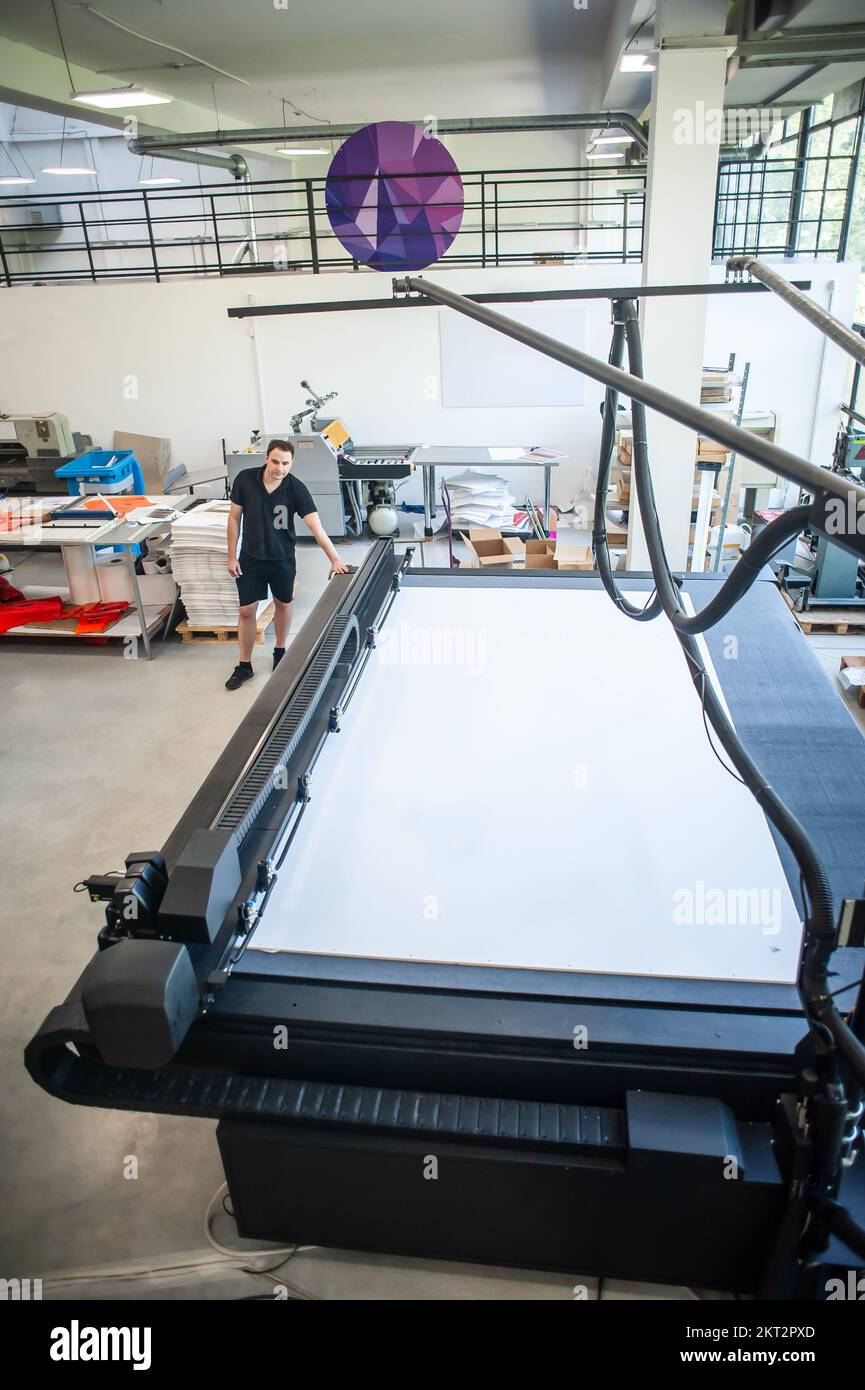 Professional worker printmaker technician operator works in printing ...