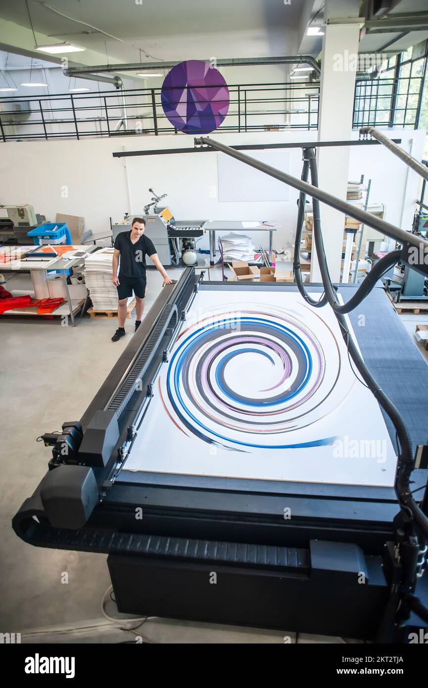 Professional worker printmaker technician operator works in printing