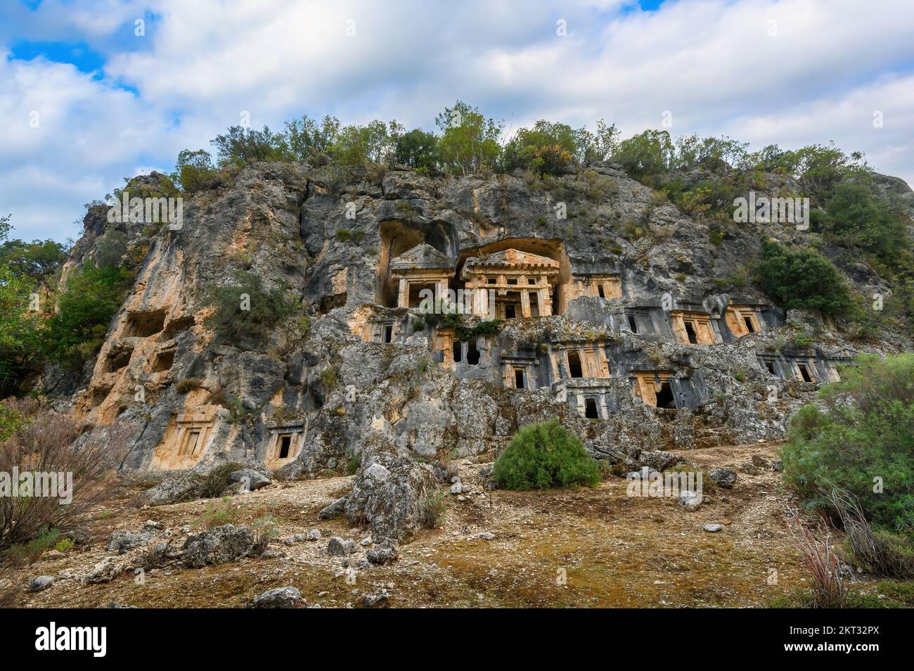 Rock tombs of Pinara ancient city in Lycia, Antalya, Turkey Stock Photo