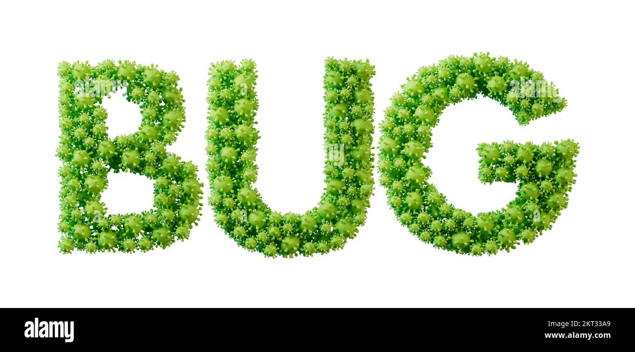 Bug word made from green bacteria cell molecule font. Health and wellbeing. 3D Rendering Stock Photo