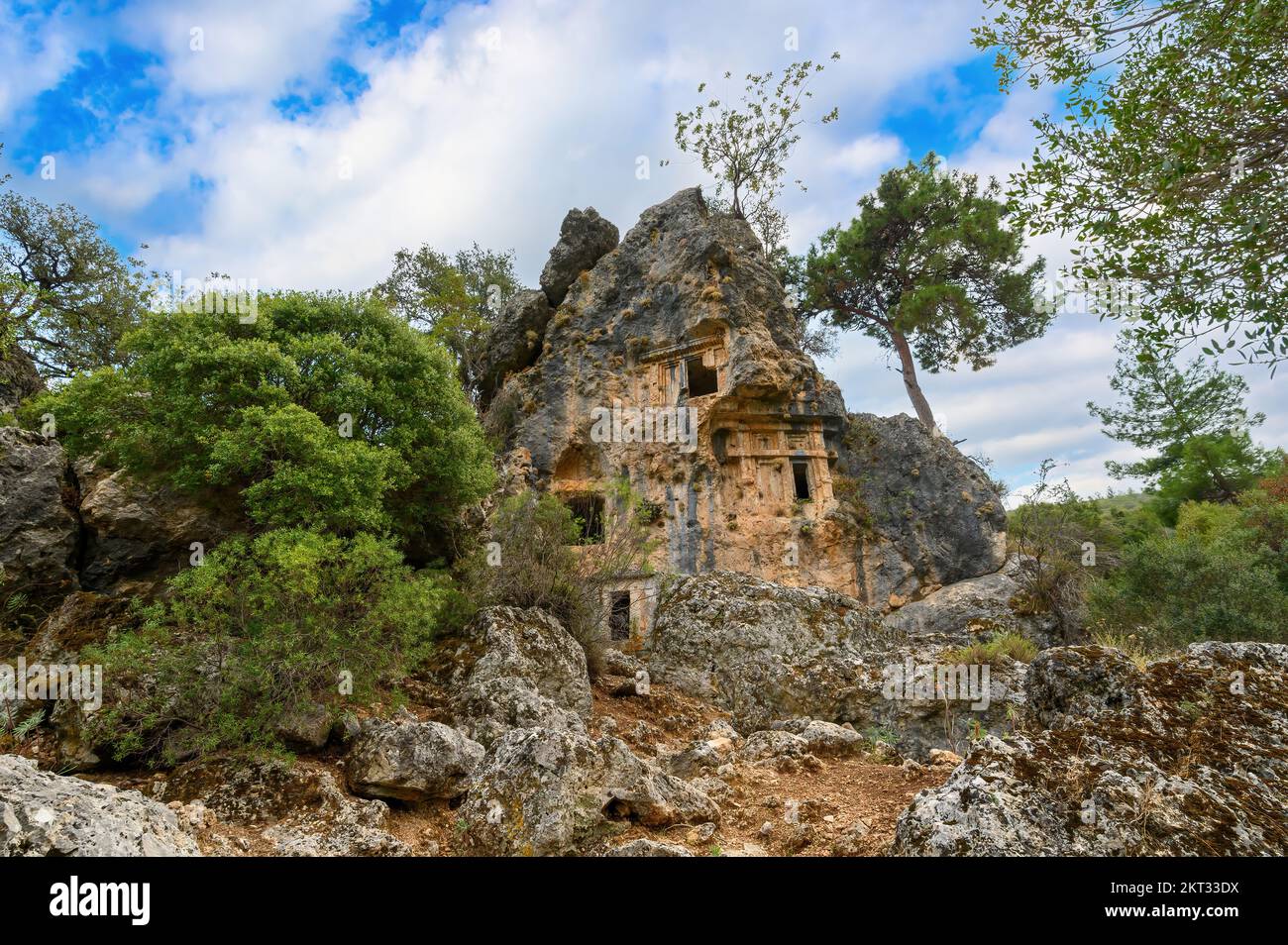 Rock tombs of Pinara ancient city in Lycia, Antalya, Turkey Stock Photo