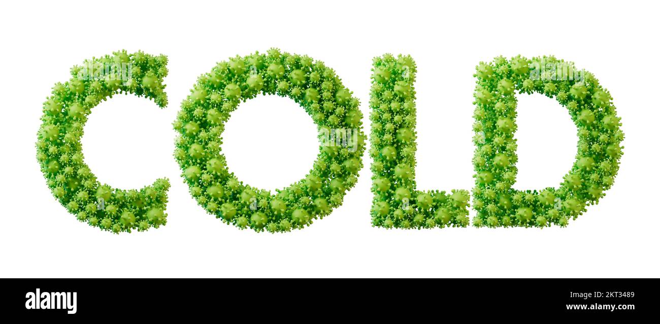 Cold word made from green bacteria cell molecule font. Health and wellbeing. 3D Rendering Stock Photo