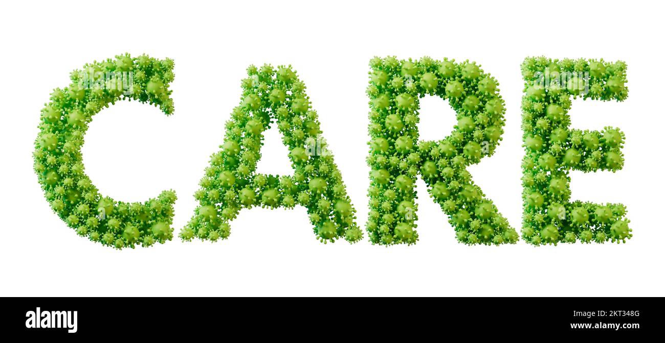 Care word made from green bacteria cell molecule font. Health and
