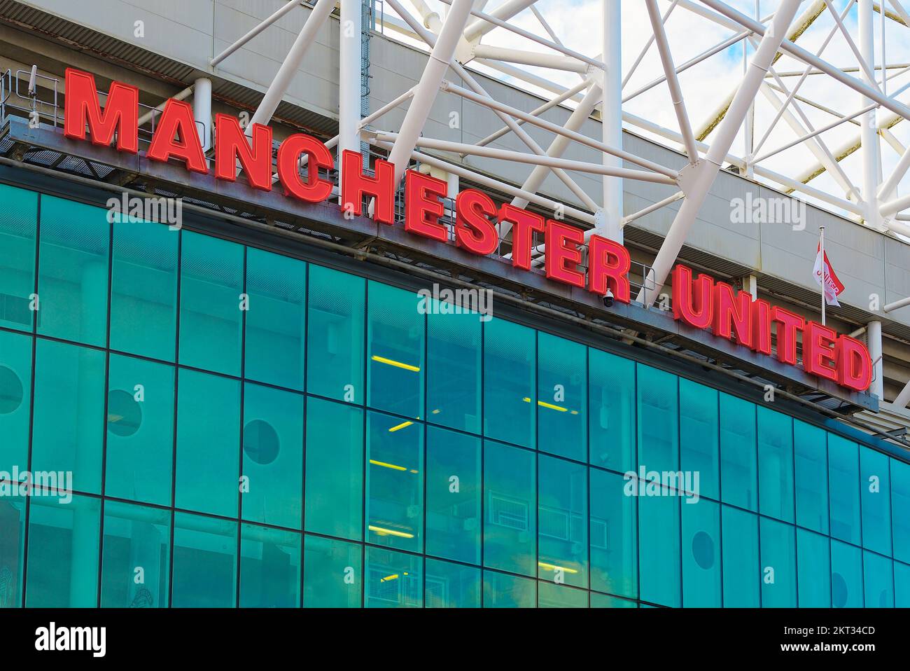 Manchester United Sign on the Clubs Old Trafford Stadium, Trafford, Manchester, United Kingdom Stock Photo