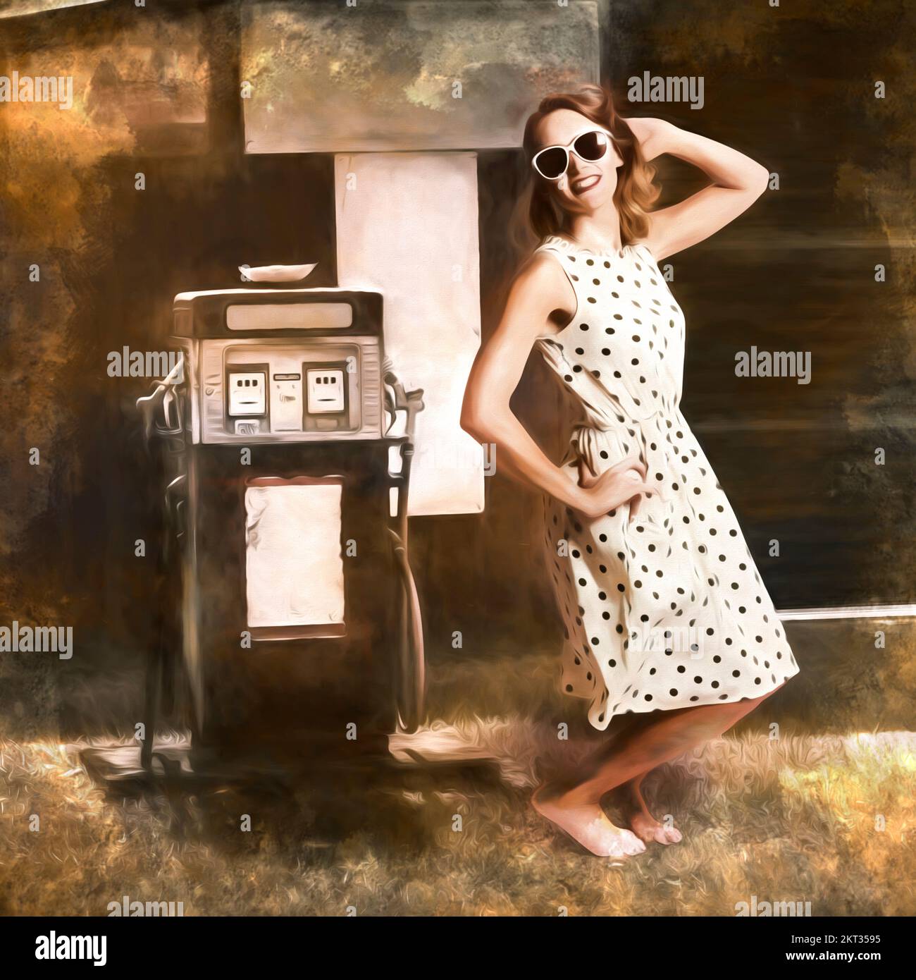 Fine art digital painting of a vintage gas pump girl, striking a fashionable pose in fifties style housewife clothing. Roadhouse petrol pump pinup Stock Photo