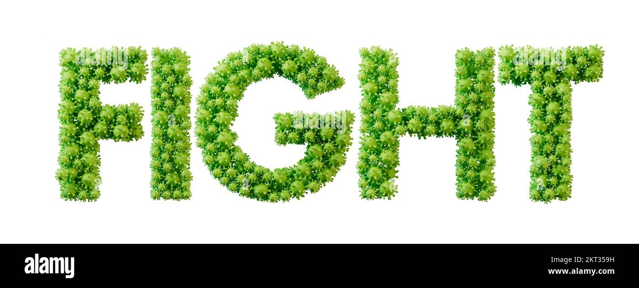 Fight word made from green bacteria cell molecule font. Health and wellbeing. 3D Rendering Stock Photo