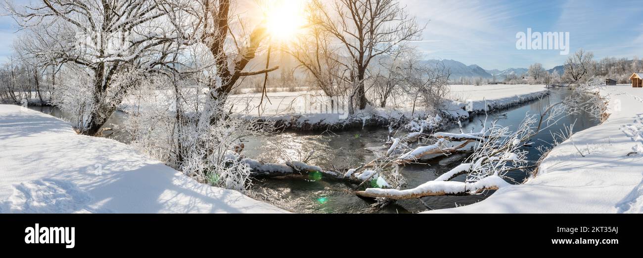 calm panoramic winter landscape with snow and river Stock Photo